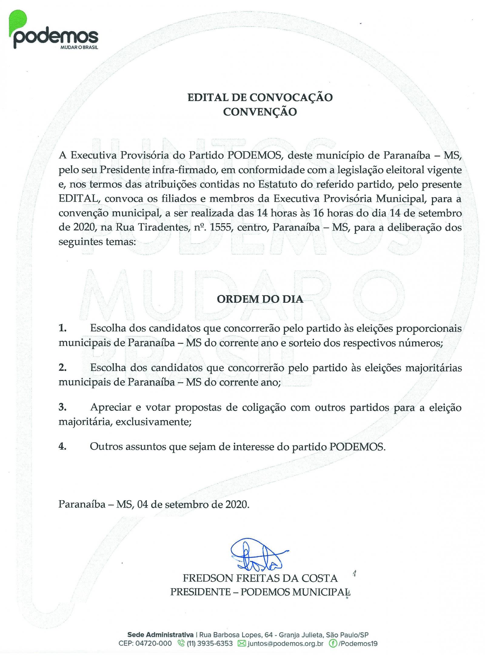 Edital de Convocação para Convenção Municipal do Podemos em Paranaíba