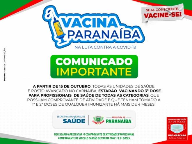 Posto Avançado vacinará terceira dose para profissionais de Saúde em Paranaíba 