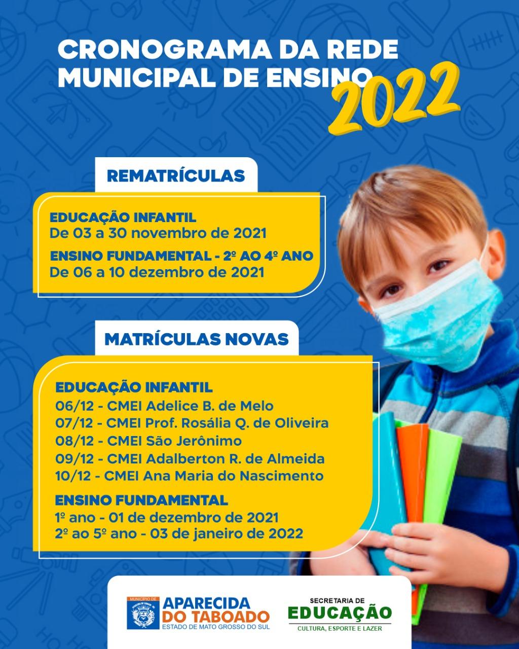 Secretaria de Educação lança calendário de matrículas e rematrículas 2022