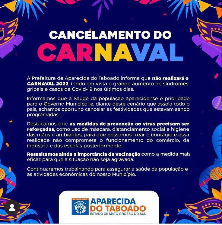 Prefeitura de Aparecida do Taboado cancela Carnaval de 2022